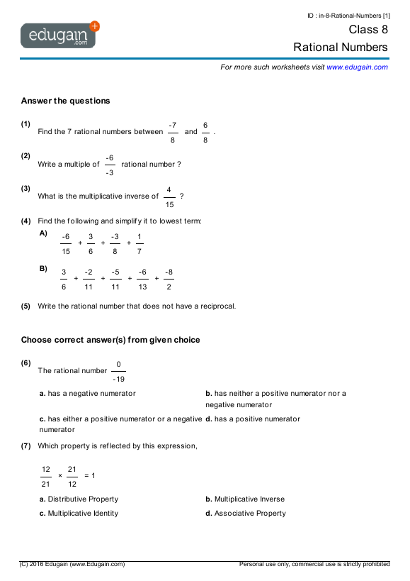 Rational Numbers Exercises